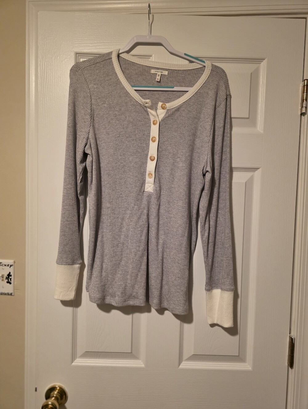 Grey Ribbed Henley Top with Cream Trim